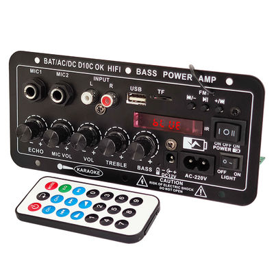 24V/220V কার এম্প্লিফায়ার 120W পাওয়ার ডুয়াল মাইক্রোফোন এবং সাবউফার এবং কারাওকে জন্য ব্লুটুথ সহ একক অডিও এম্প্লিফায়ার