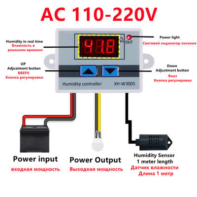 XH-W3005 DC 12V-220V 10A ডিজিটাল আর্দ্রতা কন্ট্রোলার 0-99 RH রেঞ্জ মনিটরিং সিস্টেম
