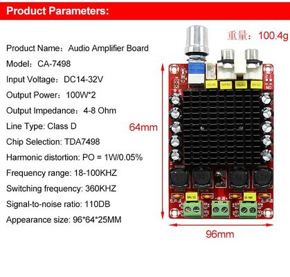 CA-7498 DC14-34V ডুয়াল চ্যানেল এম্প্লিফায়ার বোর্ড ক্লাস D 2*100W স্মার্ট ইলেকট্রনিক্স TDA7498