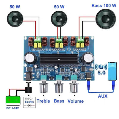 CA-3166B ব্লুটুথ 5.0 এম্প্লিফায়ার বোর্ড 2 * 50W + 100W 2.1 চ্যানেল TPA3116D2 DC12 ~ 24V পাওয়ার সাপ্লাই সহ