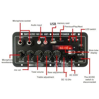 24V/220V কার এম্প্লিফায়ার 120W পাওয়ার ডুয়াল মাইক্রোফোন এবং সাবউফার এবং কারাওকে জন্য ব্লুটুথ সহ একক অডিও এম্প্লিফায়ার