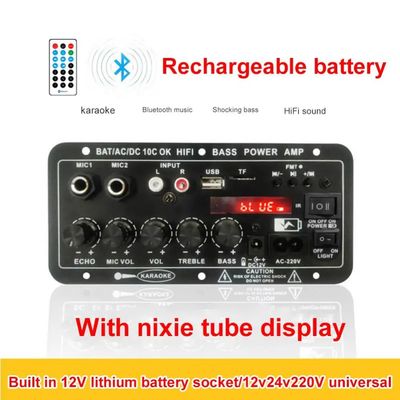 24V/220V কার এম্প্লিফায়ার 120W পাওয়ার ডুয়াল মাইক্রোফোন এবং সাবউফার এবং কারাওকে জন্য ব্লুটুথ সহ একক অডিও এম্প্লিফায়ার