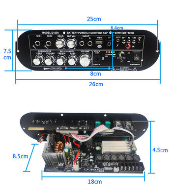 D1000 ২.১ চ্যানেল ডিজিটাল এম্প্লিফায়ার বোর্ড 50W+50W+100W উচ্চ / নিম্ন স্বর নিয়ন্ত্রণ সহ 12V সাবউফার পাওয়ার এম্প্লিফায়ার