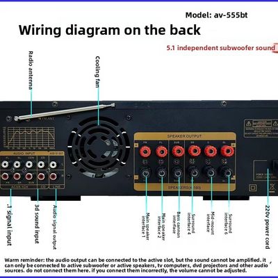 AV-555BT পেশাদার 5.1 চ্যানেল ডায়নামিক স্পেকট্রাম এম্প্লিফায়ার ধাতব নির্মাণ সহ 600W উচ্চ-শক্তির হোম সাবউফার