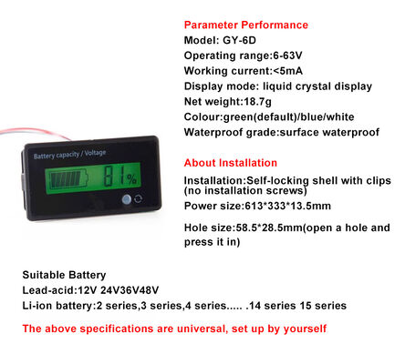 GY-6D LCD Display Battery Testers Voltmeter Power Level Indicator 6-63V Range for Lead-Acid Lithium Batteries Capacities